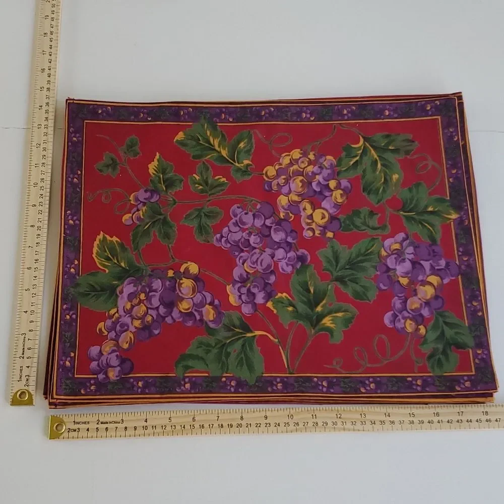WORLD MARKET SET OF 8 PLACEMATS AND NAPKINS RED PURPLE YELLOW COTTON GRAPEVINES